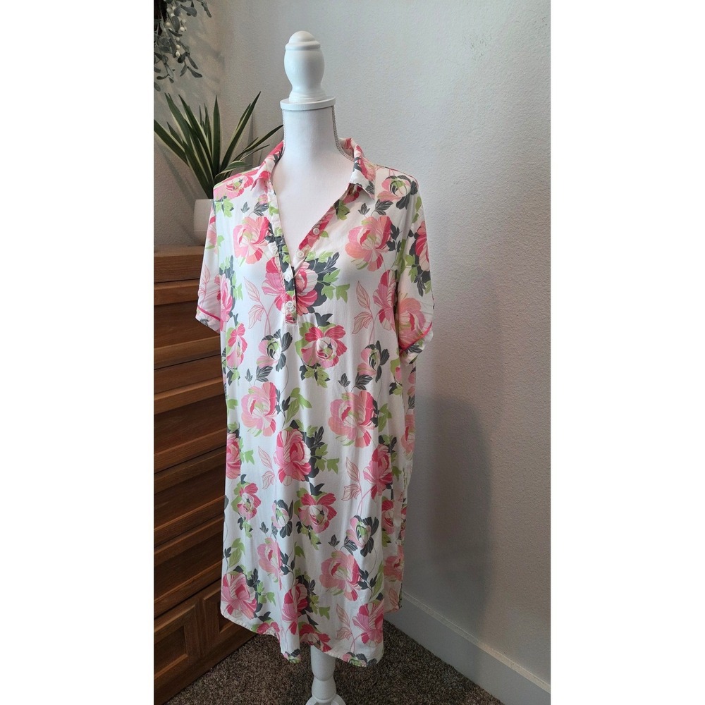 Liz Claiborne White Floral Nightshirt with Pink and Green Blossoms